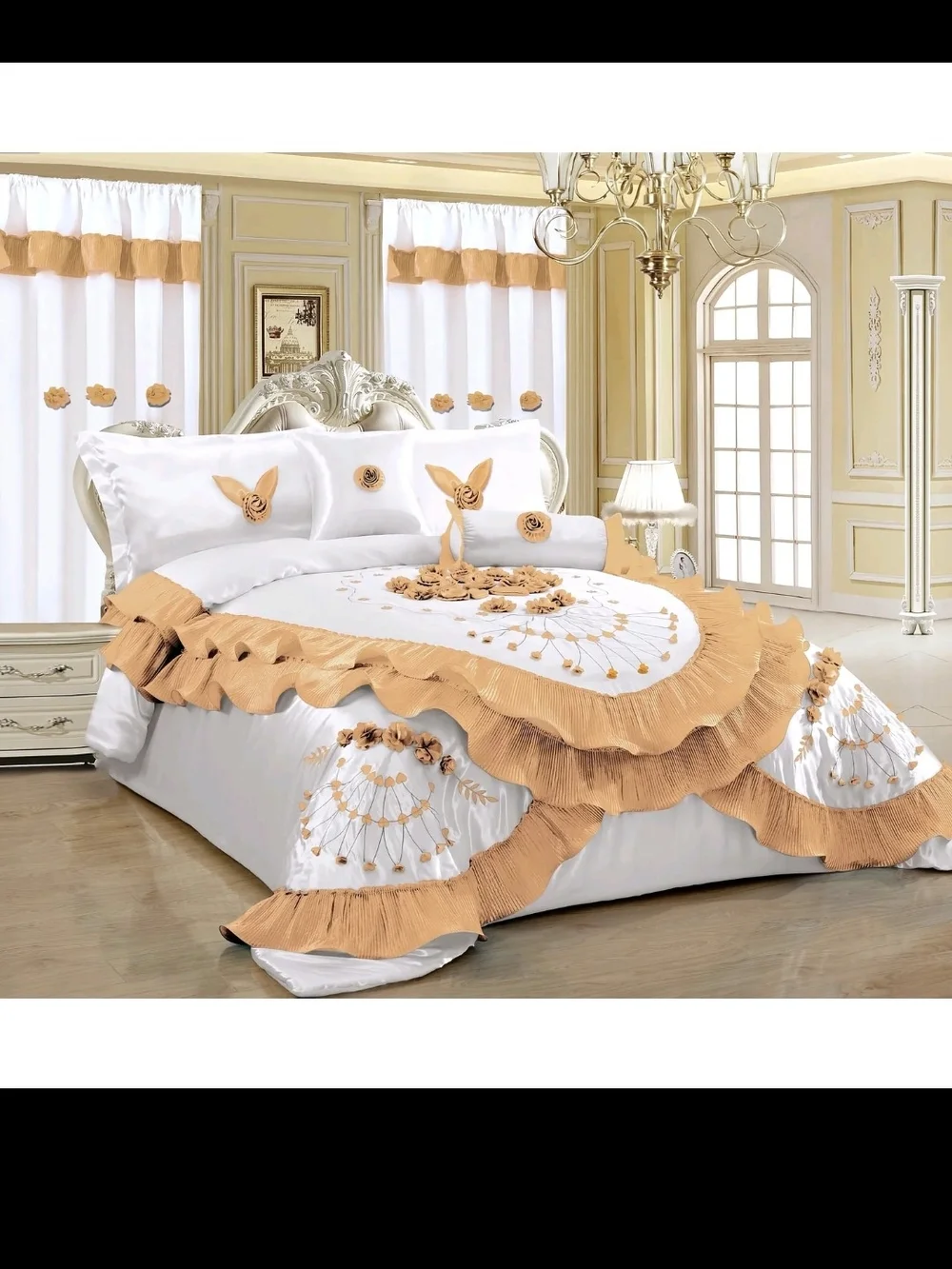 White and Tan Ruffled Comforter Set with Floral Appliqué
